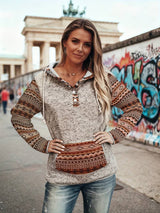 Galia - Vintage Langarm Kapuzen Pullover Mit Knöpfen – Grau-Braun