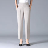 Damen Elastischer Bund mit Taschen Stoffhose – Hellgrau