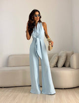 Kamwi - Eleganter Jumpsuit Mit Drapiertem Ausschnitt Und Weitem Bein – Blau