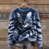 Zohara – Kunstfellpullover Mit Katzenprint – Blau