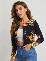 Damen Blazer – Leichtes Material – Blumenmuster – Eleganter Stil – Frühling/Sommer – Schwarz