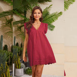OLIVINHA | Sommerliches Spitzenkleid mit Shorts und Taschen – Bordeaux