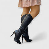Kylie | Elegante Overknee-Stiefel mit Stiletto-Absatz – Schwarz - Leder