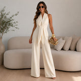 Valérie™ Jumpsuit mit Elegantem Drapiertem Ausschnitt und Palazzo-Silhouette – Weiß