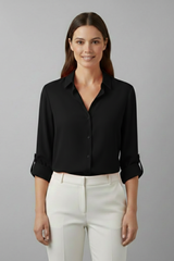 Britta | Damen Langarm Hemdbluse mit Kragen – Schwarz