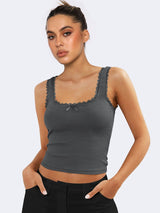 Lea | Romantisches Ripp-Tanktop mit Spitzenbesatz – Dunkelgrau