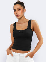Lea | Romantisches Ripp-Tanktop mit Spitzenbesatz – Schwarz