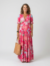 Brunhilde | Damen V-Ausschnitt Blumen Maxi Kleid – Rosa