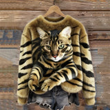 Jules – Weiches Plüsch Sweatshirt Mit Tabby Katzen Und Tiger Muster – Gold