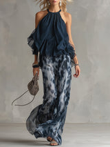 Norelda - Eleganter Zweiteiler mit Stehkragen-Top und weit geschnittener Hose – Marineblau