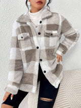 Damen-Freizeitjacke aus Fleece | Karomuster mit Knopfleiste vorne – Khaki