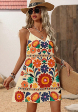 Marisol - Kurzes Kleid mit Trägern und Blumendruck – Orange