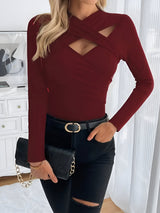 Hildegard | Elegantes V-Ausschnitt Langarm-Top – Burgunderrot