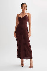 Maxikleid mit Spaghettiträgern und 3D-Blumenapplikationen für Damen – Braun