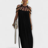 Brinaya – Maxikleid aus Leinenmischung mit geflochtenem Dekolleté – Schwarz