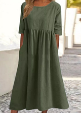 Elegantes Baumwoll-Leinen Kleid mit praktischen Taschen – Armeegrün