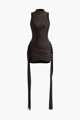 Vera | Elegantes High-Neck Bodycon Minikleid mit Drapierung – Kaffee