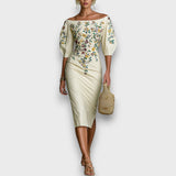 Florisse – Besticktes Midi-Kleid mit Carmen-Ausschnitt – Beige