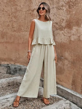 Lotte | Damen Set Rüschen-Top Rückenknöpfe Weite Hose – Beige