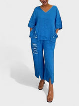 Raisa - V-Ausschnitt Zweiteiliges Set Für Sommer – Blau