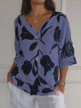 Damen Sommer Button Down Hemd | Blumen Bedrucken – Blau