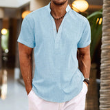 Mateo - Hemd mit Mandarinkragen und leichter Textur und Stil – Himmelblau