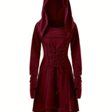 Damen Halloween-Kleid mit Kapuze | Schnürung & Asymmetrischer Saum – Burgunderrot