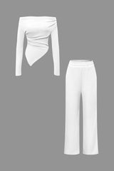 Daniela | Elegantes Zweiteiler-Set mit Asymmetrischem Oberteil & Weiten Hosen – Weiß