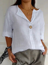 Susanne | V-Ausschnitt Leinen Bluse – Weiss