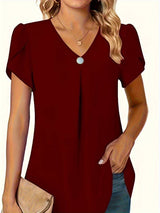 Thilakshi - Kurzärmelige Bluse Mit Rüschen Und Einem Knopf – Burgund