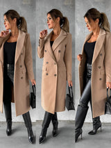 Gadie Bella Eleganter zweireihiger Wollmantel in langer Form – Beige