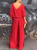 Saila | Damen Maxikleid V-Ausschnitt Fledermausärmel Unifarbe – Rot