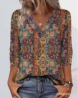 Vintage-inspirierte V-Ausschnitt Druckbluse – Mehrfarbig