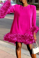Damen Kleid | Kurze Linie mit Langarm und dekorativem Saumabschluss – Rosa