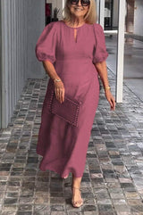 Juliana - Elegantes Kleid mit Puffärmeln – Rosenrot