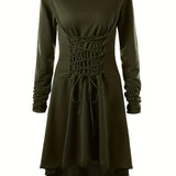 Damen Halloween-Kleid mit Kapuze | Schnürung & Asymmetrischer Saum – Armeegrün