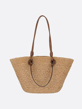 Amara | Trapezförmige Damen-Strohtasche mit Kunstleder-Schulterriemen & Korbstruktur – Karamell