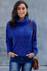 Grober Zopfmuster Pullover für Damen | Rollkragen – Blau