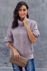Grober Zopfmuster Pullover für Damen | Rollkragen – Lila