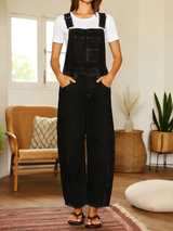 Nora | Denim Latzhose Jumpsuit mit Taschen – Schwarz