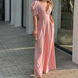Damen Jumpsuit Polyester Elegant Puffärmel Taillengürtel Sommer Outfit – Pfirsich