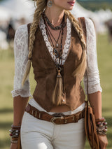 Calliope | Damen Western Langarm Spitzenärmel Bluse – Braun