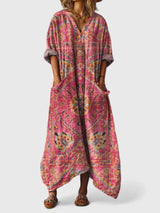 Calypso | Damen Paisley Boho Maxikleid mit V-Ausschnitt – Dunkelrosa