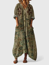 Calypso | Damen Paisley Boho Maxikleid mit V-Ausschnitt – Olivgrün