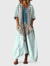 Calypso | Damen Paisley Boho Maxikleid mit V-Ausschnitt – Puderblau