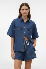 Camellia | Damen High Waist Zweiteiliges Set Bluse Shorts – Blau