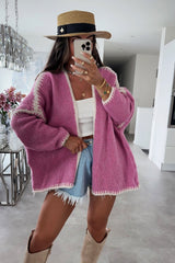 Lockere Damen-Strickjacke mit kontrastierenden Rippenbündchen und langen Ärmeln – Selmara – Rosa