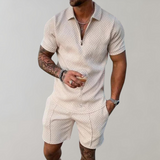 Caspian | Herren Texturiert Polo Shorts Set – Khaki