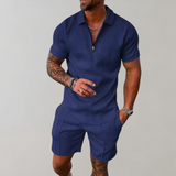Caspian | Herren Texturiert Polo Shorts Set – Marineblau