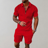 Caspian | Herren Texturiert Polo Shorts Set – Rot